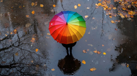 A person stands under a vibrant, colorful umbrella, surrounded by autumn leaves scattered on a rain-soaked ground, creating a beautiful reflection in the puddle.の素材