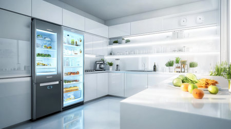 Bright modern kitchen featuring a stylish refrigerator, fresh ingredients, and sleek design elements. Perfect for culinary enthusiasts and home cooks.の素材