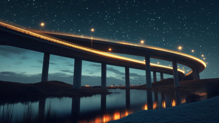 A stunning nighttime view of a highway overpass illuminated by lights, reflecting beautifully in calm water below, surrounded by a starry sky.の素材