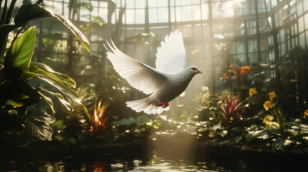 A stunning white bird gracefully soars through a vibrant greenhouse filled with lush greenery and colorful flowers. The sunlight creates an enchanting atmosphere.の素材