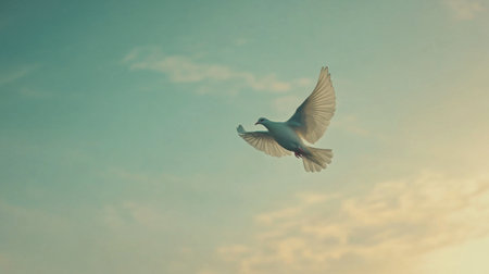 A graceful bird soars through a tranquil sky during sunset. The delicate wings capture the soft light, creating a peaceful scene that symbolizes freedom and beauty in nature.の素材