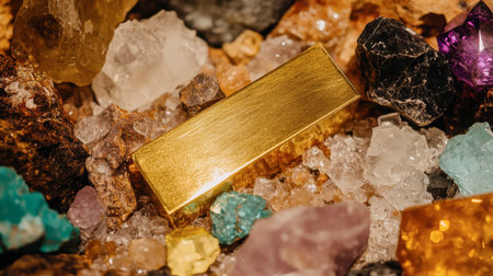 A stunning golden bar nestled among a variety of colorful crystals and precious stones, showcasing the beauty of nature's treasures with vibrant textures and a luxurious appeal.の素材
