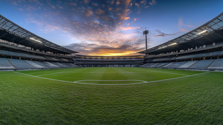 Stunning panoramic view of a modern soccer stadium at sunset, showcasing a vibrant grass field and empty seating. Ideal for sports and architecture themes.の素材
