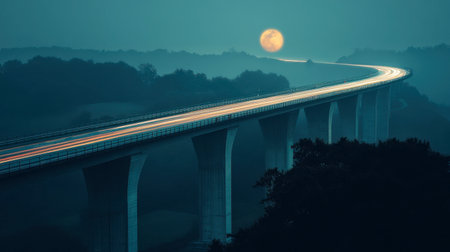 A captivating night scene featuring an elevated road illuminated by headlights, with a large full moon casting a serene glow over the landscape and foggy hills.の素材