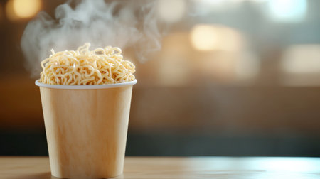 A steaming cup of hot noodles in a rustic wooden container creates a comforting and appetizing visual, perfect for food lovers and chefs.の素材