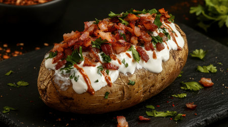 Indulge in a savory baked potato topped with creamy sour cream, crispy bacon, and fresh herbs. Perfect for casual dining or as a party side.の素材