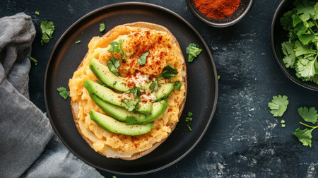 This appealing avocado dish showcases vibrant colors and fresh ingredients. Topped with spices and herbs, it offers a nutritious and delicious meal option.の素材