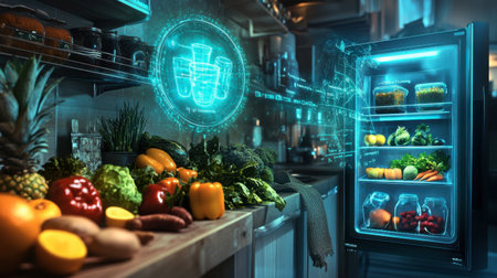 A modern kitchen featuring a smart refrigerator with an interactive display and an array of fresh produce, highlighting technology and healthy living.の素材
