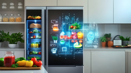 A sleek modern kitchen features a smart refrigerator showcasing fresh produce and groceries, highlighting sophisticated technology and inviting lifestyle.の素材