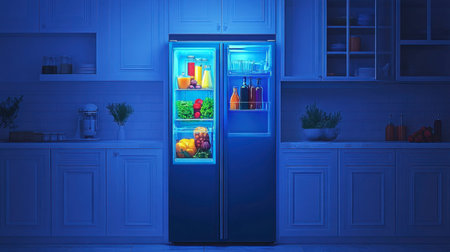 A sleek modern refrigerator shines with bright LED lights, showcasing colorful food and drinks. The stylish kitchen setting enhances the contemporary feel and atmosphere.の素材