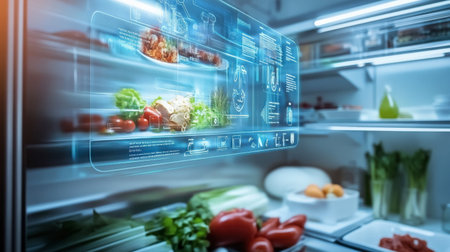 A modern refrigerator showcases digital technology to enhance food management, featuring a virtual display for tracking freshness and organizing ingredients, promoting healthy eating.の素材