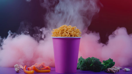 A vibrant cup of steaming instant noodles stands amidst an enticing array of fresh vegetables, surrounded by wisps of colorful smoke, creating a mouthwatering scene.の素材