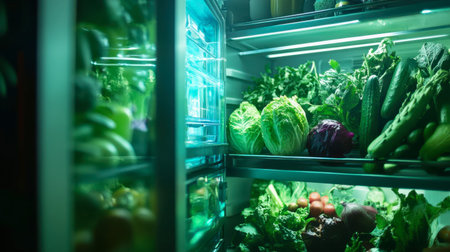 This image showcases a variety of fresh vegetables in a refrigerator, highlighting their vibrant colors and natural freshness, perfect for promoting healthy eating.の素材