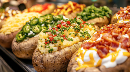 A vibrant display of loaded baked potatoes showcasing an array of toppings. Each potato is generously filled with cheese, vegetables, and savory ingredients for a delightful culinary experience.の素材