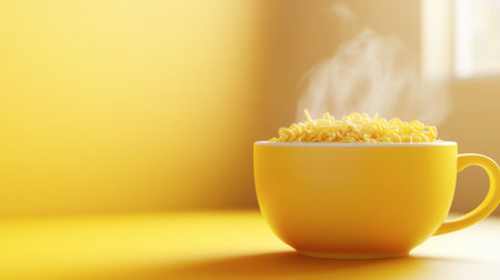 A vibrant yellow bowl filled with steaming hot ramen noodles, showcasing comfort food at its finest, perfect for meal inspiration and culinary creativity.の素材