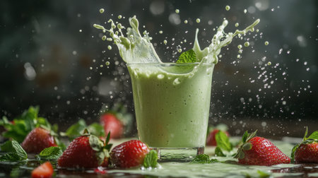 A vibrant image capturing a mint green smoothie splashing in a glass, surrounded by fresh strawberries and mint leaves, perfect for summer refreshment.の素材