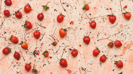A vibrant arrangement of fresh strawberries scattered on a light pink background, showcasing juicy splashes and natural textures, perfect for food styling.の素材