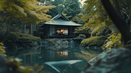 A serene view of a traditional Japanese house set amidst lush greenery, featuring a reflective pond that enhances the tranquil atmosphere of the garden.の素材