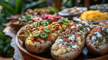 Vibrant loaded sweet potatoes with bacon, jalapenos, and sour cream served outdoors. Perfect for gatherings, these delicious dishes showcase fresh ingredients.の素材