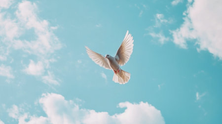 A stunning white bird gracefully soars through a bright blue sky filled with fluffy clouds, symbolizing peace and freedom in nature's beauty.の素材