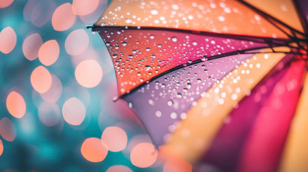 A vibrant and colorful umbrella adorned with raindrops showcases a soft bokeh background. The scene captures the beauty of rainy weather, evoking a sense of joy and serenity.の素材