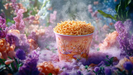 A colorful cup of noodles sits amidst a vibrant floral background, exuding steam and inviting aromas, perfect for food lovers and a visual feast.の素材