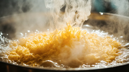 Steaming noodles emerge from boiling water in a pot, creating an inviting atmosphere. This image captures the essence of home cooking and culinary preparation.の素材