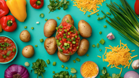 A vibrant top view of fresh vegetables and potatoes arranged artistically on a turquoise background. Perfect for culinary themes and healthy cooking.の素材