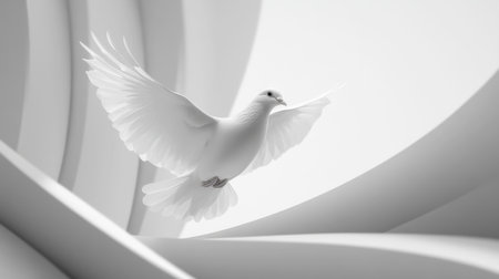A stunning white dove in mid-flight showcases grace and beauty against an abstract background of curved lines. The image evokes feelings of peace and tranquility.の素材