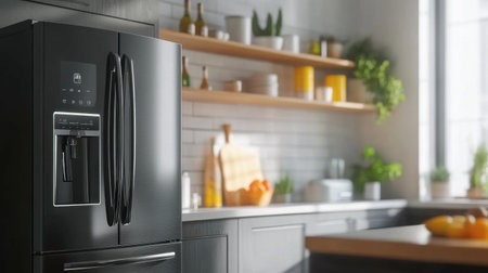 This image showcases a modern black refrigerator in a stylish kitchen, highlighting its sleek design and elegant features. The bright space radiates comfort.の素材