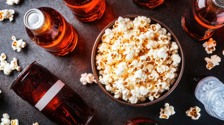Enjoy a vibrant arrangement of popcorn and refreshing beverages, perfect for movie nights or casual gatherings. Ideal for snack lovers seeking fun.の素材