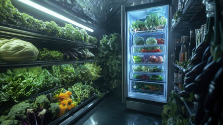 A vibrant interior of a modern refrigerator filled with fresh vegetables and greens showcases effective food storage. Emphasizes healthy living and nutritious options.の素材