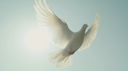 A beautiful white dove takes flight, showcasing its graceful wings against a bright blue sky. This image symbolizes peace and freedom, perfect for various themes.の素材