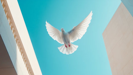 A majestic white dove soaring gracefully against a clear blue sky, symbolizing peace and freedom. Its extended wings create a serene atmosphere in this vibrant outdoor scene.の素材
