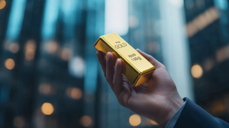 A person holds a bright gold bar in their hand, set against a modern urban backdrop. This image embodies themes of wealth, investment, and luxury in a bustling city.の素材