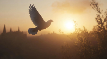 A serene bird in flight captures the essence of freedom against a stunning sunset. The soft golden light enhances the tranquil atmosphere of the moment.の素材