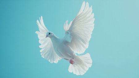 A stunning white dove gracefully soaring against a light blue background, symbolizing peace and freedom. The image captures the elegance of nature.の素材