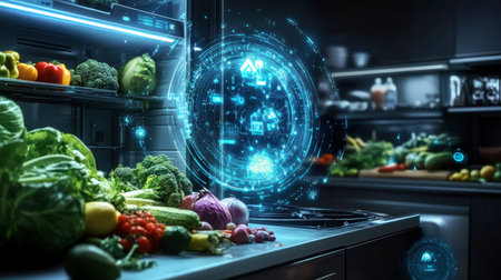 A futuristic kitchen showcasing vibrant vegetables alongside smart technology, featuring a holographic display of digital cooking information and fresh ingredients.の素材