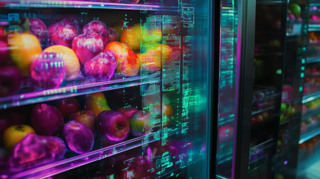 A vibrant assortment of fruits displayed in a modern refrigeration unit, showcasing the intersection of technology and healthy living in a colorful environment.の素材