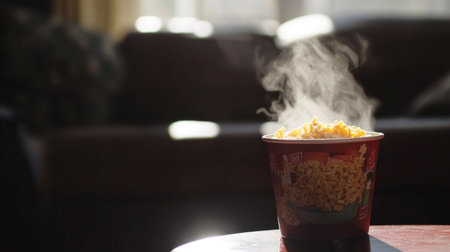 A steaming cup of popcorn sits invitingly on a table, filling the air with a delicious aroma. The warm, yellow snack promises comfort and fun for any casual gathering.の素材