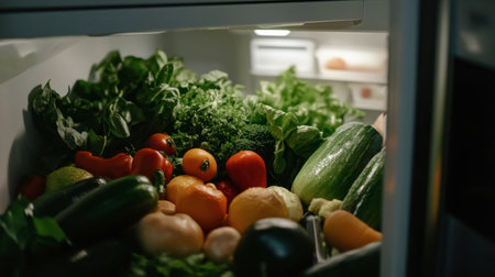 A vibrant collection of fresh organic vegetables and greens fills the refrigerator. This image showcases a healthy assortment ideal for nutritious meals and cooking inspiration.の素材