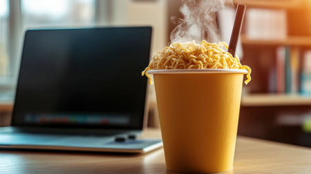 A steaming cup of instant noodles sits invitingly beside a laptop on a workspace table, exuding warmth and comfort in a modern setting, perfect for a quick meal.の素材