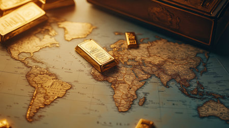 A captivating arrangement of gold bars resting on a vintage world map. The warm lighting accentuates the luxurious feel, symbolizing wealth and exploration.の素材