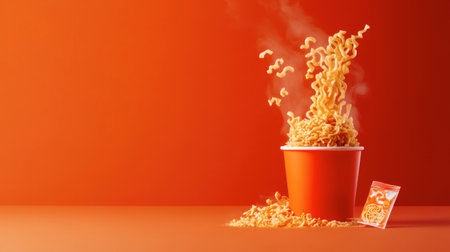 A vibrant orange cup filled with freshly cooked instant noodles bursts with steam. The playful mess showcases the delight of quick and tasty meals perfect for any occasion.の素材
