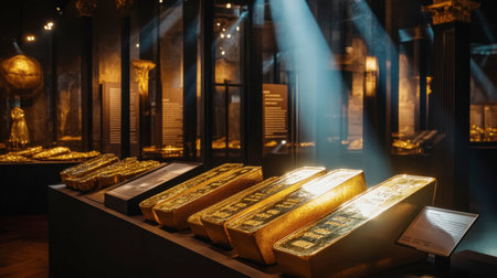A stunning display of shining gold bars in a luxurious museum, illuminated by dramatic light rays, creating an atmosphere of wealth and opulence.の素材