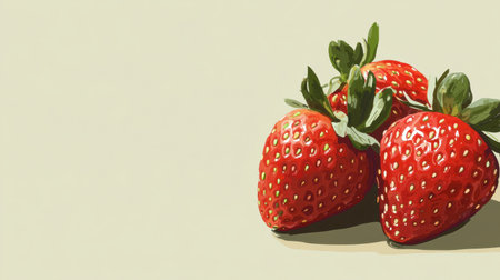 This vibrant image features fresh ripe strawberries arranged beautifully with green leaves on a light background, perfect for food-related projects or healthy lifestyle themes.の素材