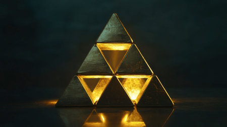 An artistic triangular pyramid structure emits a warm glow against a dark backdrop. This captivating composition highlights geometric elegance and modern design aesthetics.の素材