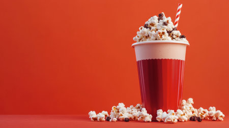 A vibrant cup filled with creamy milkshake and topped with fluffy popcorn, set against a bold red background. Perfect for a festive snack.の素材