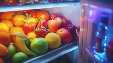A vibrant assortment of fresh fruits showcased inside a refrigerator. The colorful display includes oranges, strawberries, apples, bananas, and more, emphasizing healthy choices.の素材
