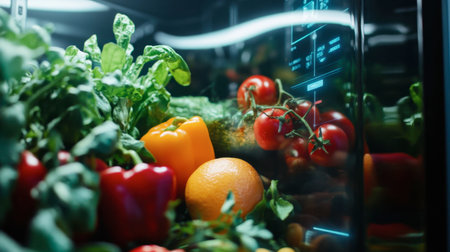A vibrant assortment of fresh vegetables and fruits displayed in a modern refrigerator, showcasing healthy eating and colorful food choices for a nutritious lifestyle.の素材
